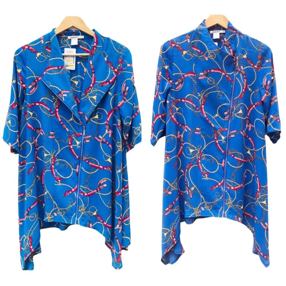 NWT Feratelli equestrian chain print asymetrical tunic oversized zipper closure